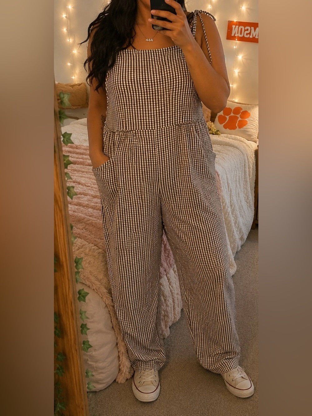 Cellabie Brown & White Gingham Halter Jumpsuit